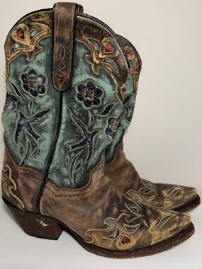 Dan Post Vintage Bluebird Cowboy Boots Women's 7M Leather Wingtip Toe Brown Teal